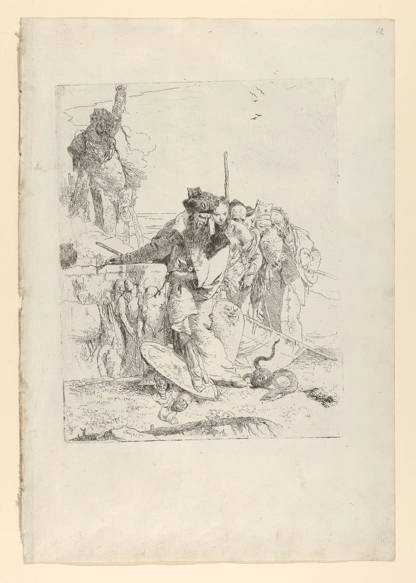 Six people watching a snake, from the Scherzi by Giovanni Battista Tiepolo, print, 1738-1755