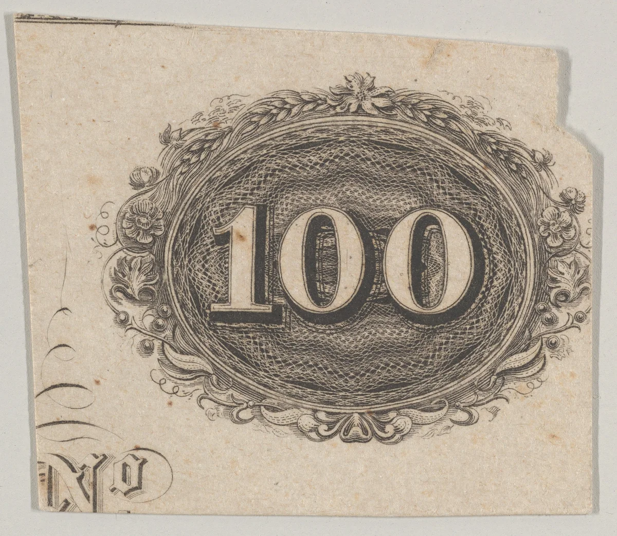 Banknote motif: the number 100 against an ornamental lathe work oval resembling woven rope with a border of grain, flowers and berries by Cyrus Durand, print, 1819-1847