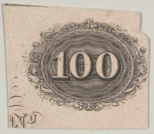 Banknote motif: the number 100 against an ornamental lathe work oval resembling woven rope with a border of grain, flowers and berries by Cyrus Durand, print, 1819-1847