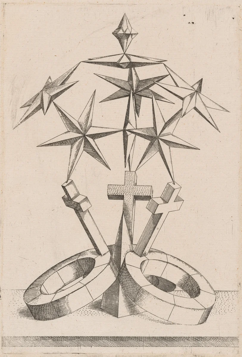 A Perspective of Seven Stars Balanced on Three Crosses by Mathis Zündt; Hans Lencker, print, 1567