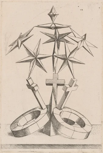 A Perspective of Seven Stars Balanced on Three Crosses by Mathis Zündt; Hans Lencker, print, 1567