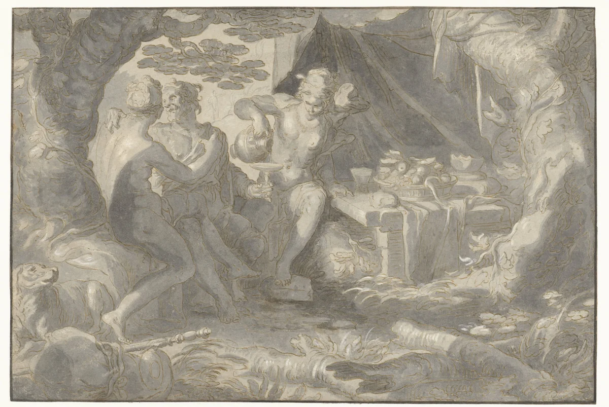 Lot en zijn dochters by Joachim Wtewael, drawing, 1590-1600