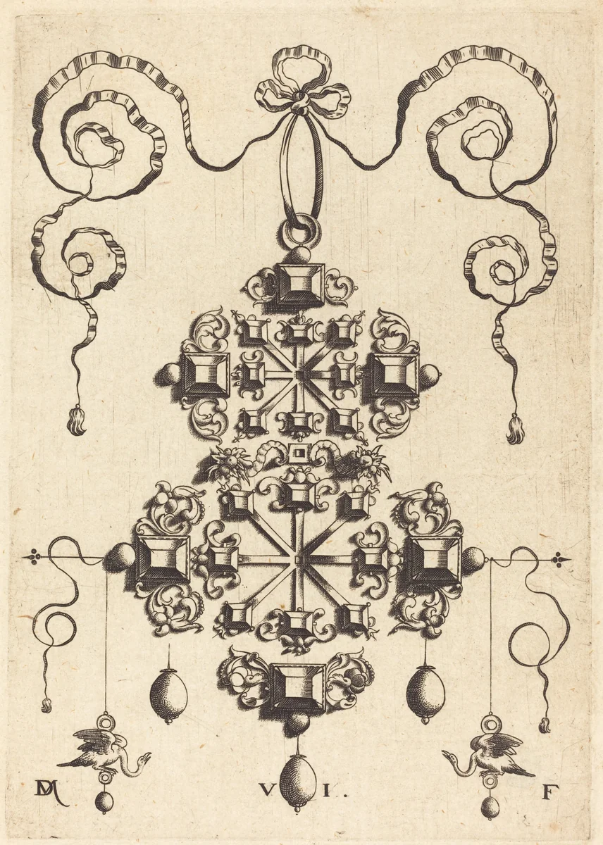 Large Pendant with Two Double Crosses, Surrounded by Six Large and Sixteen Small Table-Stones by Daniel Mignot, print, 1516-1653