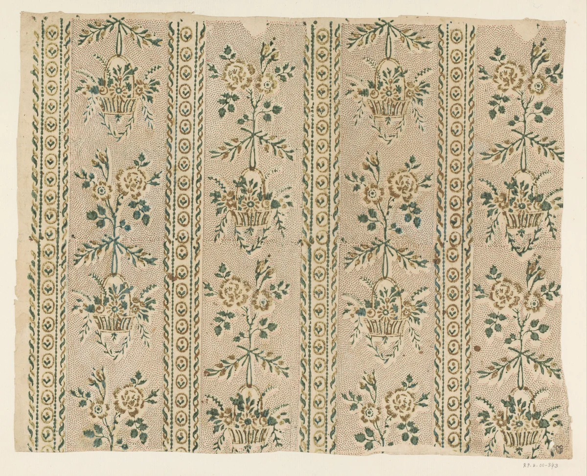 Blad met banenpatroon van bloemenmanden op puntenfond en sierlijst by anonymous, print, 1700-1850