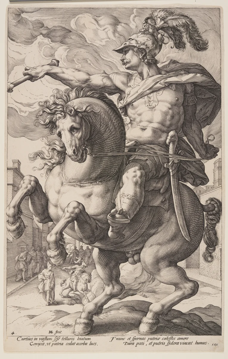 Marcus Curtius on Horseback, from The Roman Heroes by Hendrick Goltzius, print, 1586