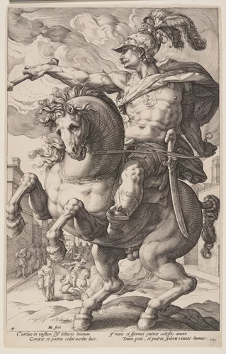 Marcus Curtius on Horseback, from The Roman Heroes by Hendrick Goltzius, print, 1586