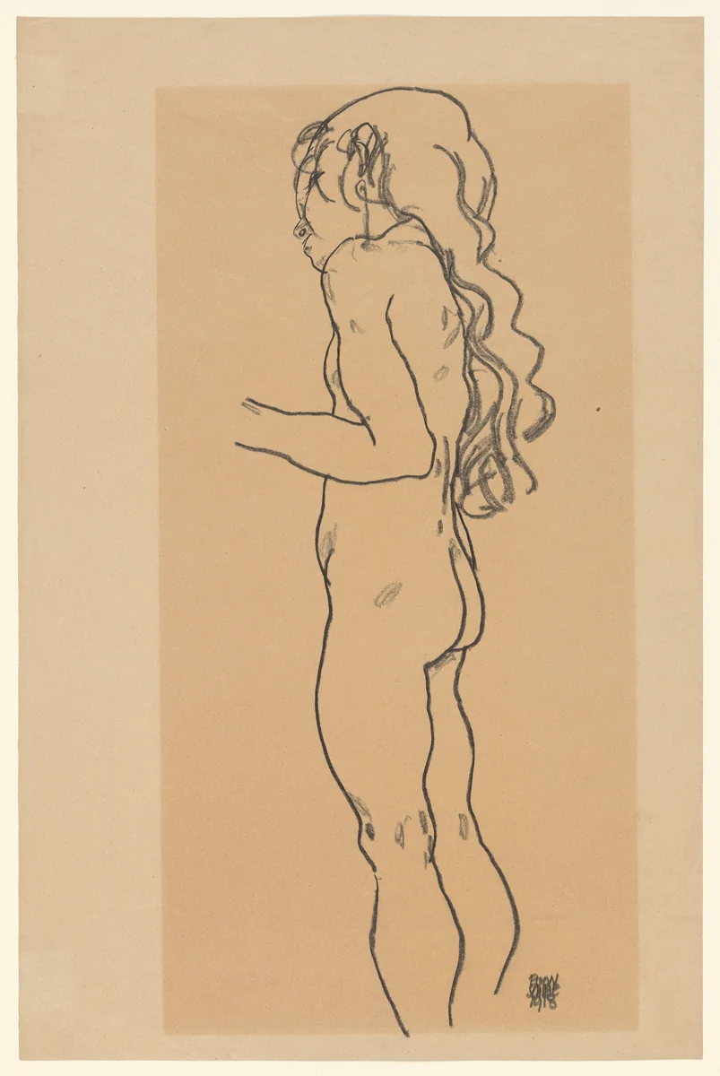 Standing Nude Girl, Facing Left by Egon Schiele, drawing, 1918