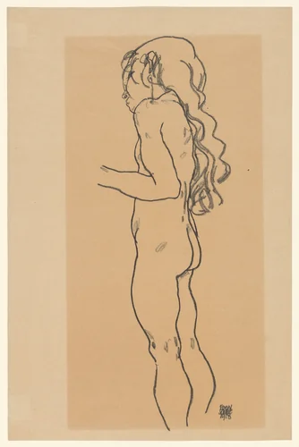 Standing Nude Girl, Facing Left by Egon Schiele, drawing, 1918