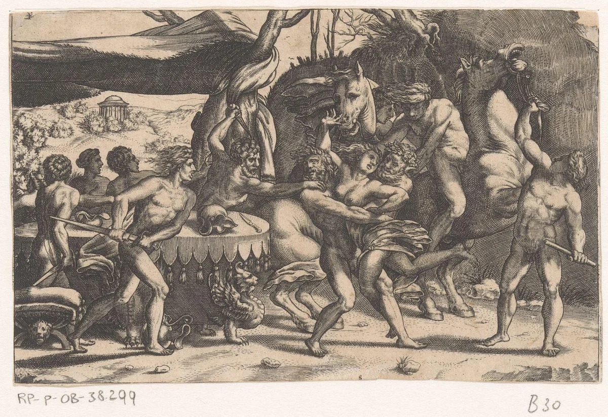 Roof van een vrouw door man en sater by Etienne Delaune, print, 1542-1583