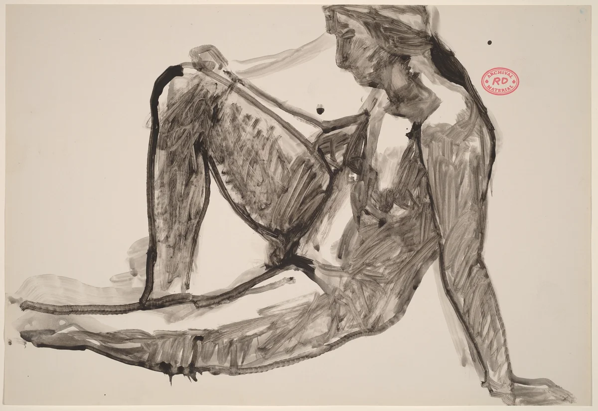 Untitled [side view of seated nude leaning back on her left arm] by Richard Diebenkorn, drawing, 1955-1967