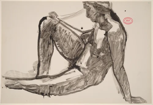 Untitled [side view of seated nude leaning back on her left arm] by Richard Diebenkorn, drawing, 1955-1967