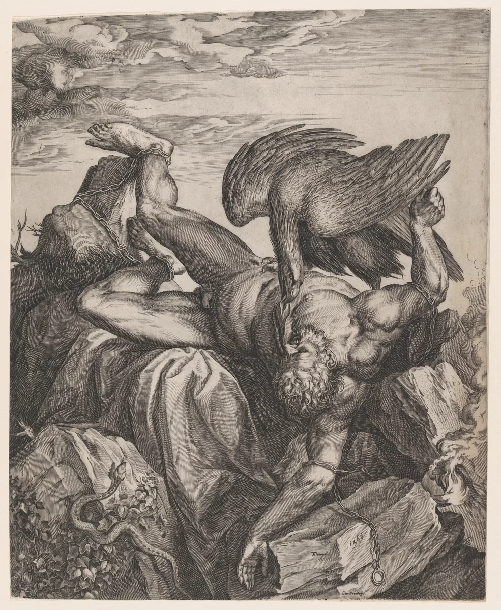 Tityus Punished in Hell by Cornelis Cort, print, 1566