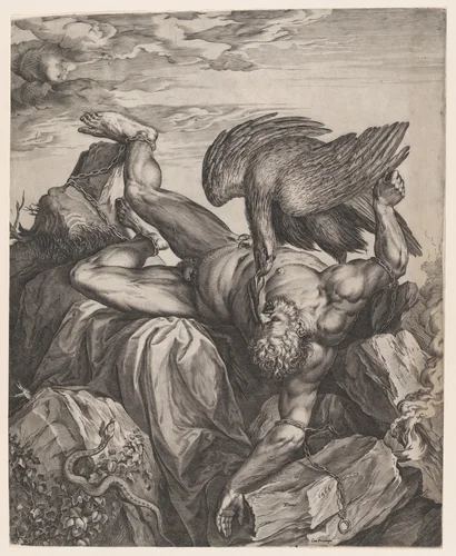 Tityus Punished in Hell by Cornelis Cort, print, 1566