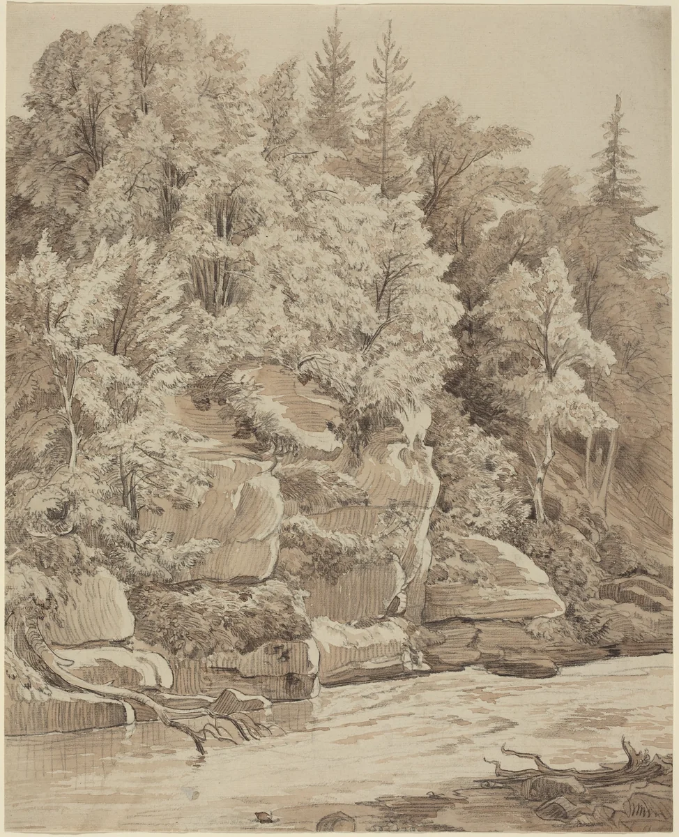 Wooded Cliffs along a Stream by Carl Wagner, drawing, 1840
