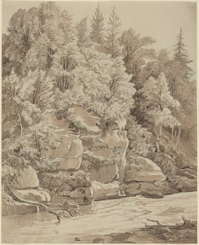 Wooded Cliffs along a Stream by Carl Wagner, drawing, 1840