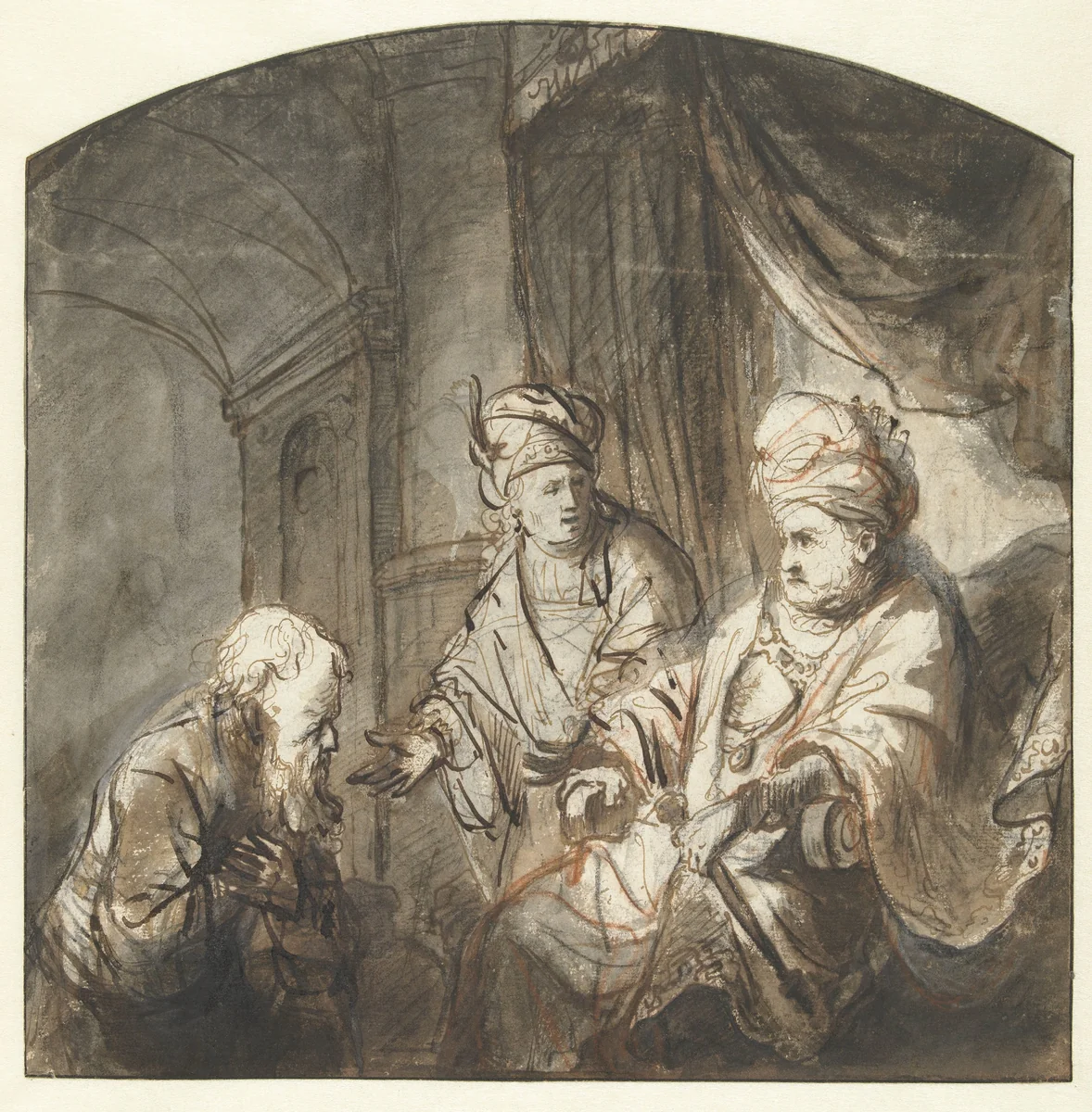 Jozef stelt zijn vader aan de Farao voor by Ferdinand Bol, drawing, 1645-1652