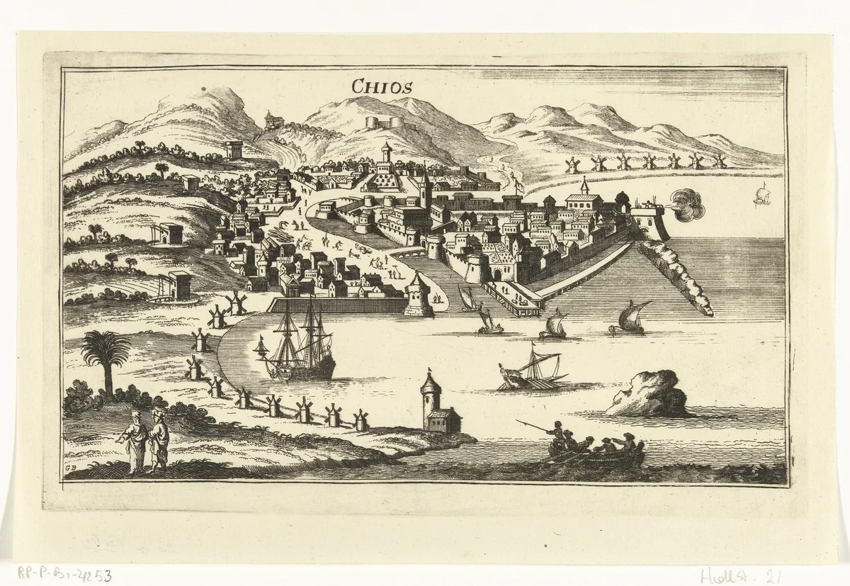Gezicht op Chios by Gaspar Bouttats, print, 1690