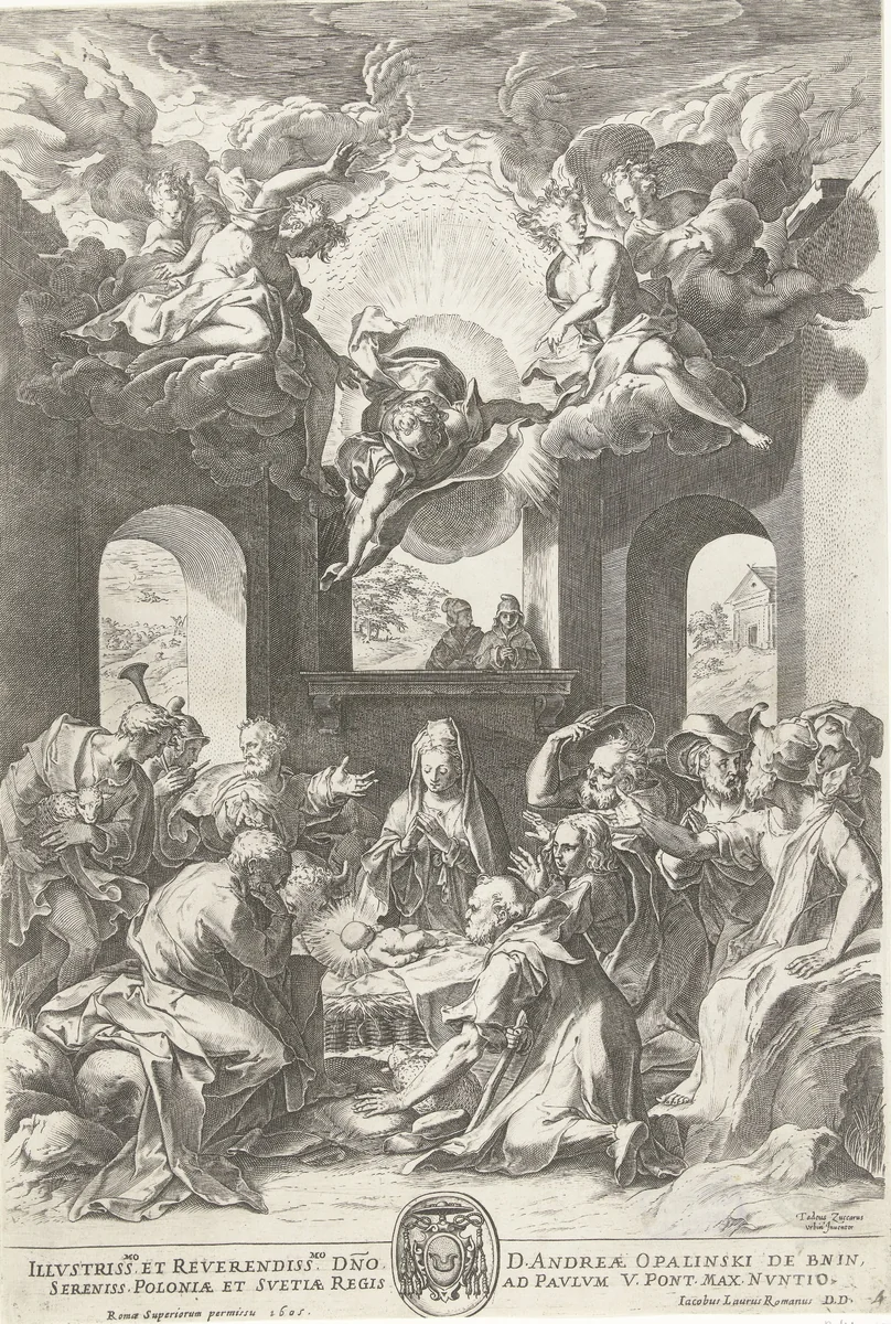 Aanbidding door de herders by Cornelis Cort, print, 1605