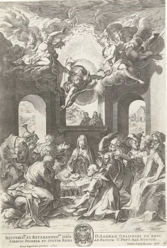 Aanbidding door de herders by Cornelis Cort, print, 1605