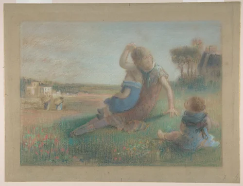 Three Children in a Landscape by Charles Emmanuel Serret, drawing, 1840-1900