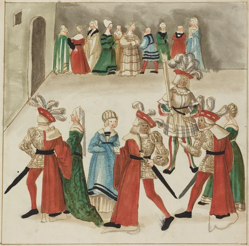 Three Men in Red Capes Dancing with Their Partners by German 16th Century, drawing, 1515