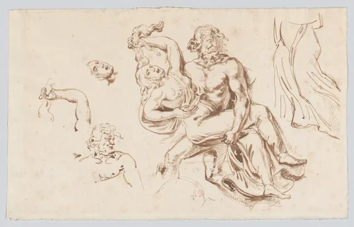 The Abduction of Theophane, after Bartoli (recto); Three Sketches of Theophane's Face (verso) by Eugène Delacroix, drawing, 1817-1827