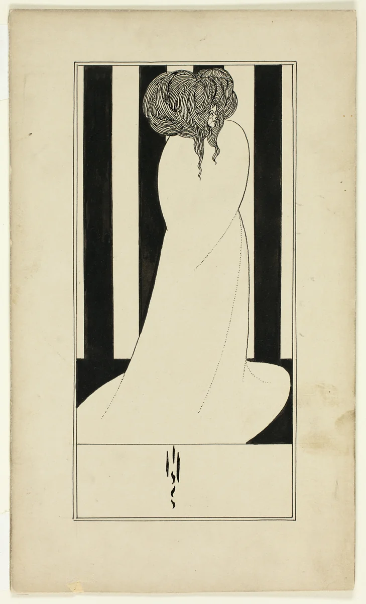Woman Against Striped Wallpaper by Aubrey Vincent Beardsley, drawing, 1892-1898