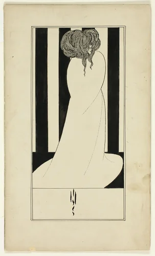 Woman Against Striped Wallpaper by Aubrey Vincent Beardsley, drawing, 1892-1898