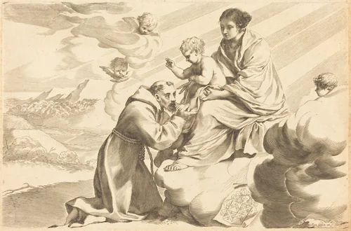 Saint Francis Adoring the Christ Child by Claude Mellan, print, 1598-1688