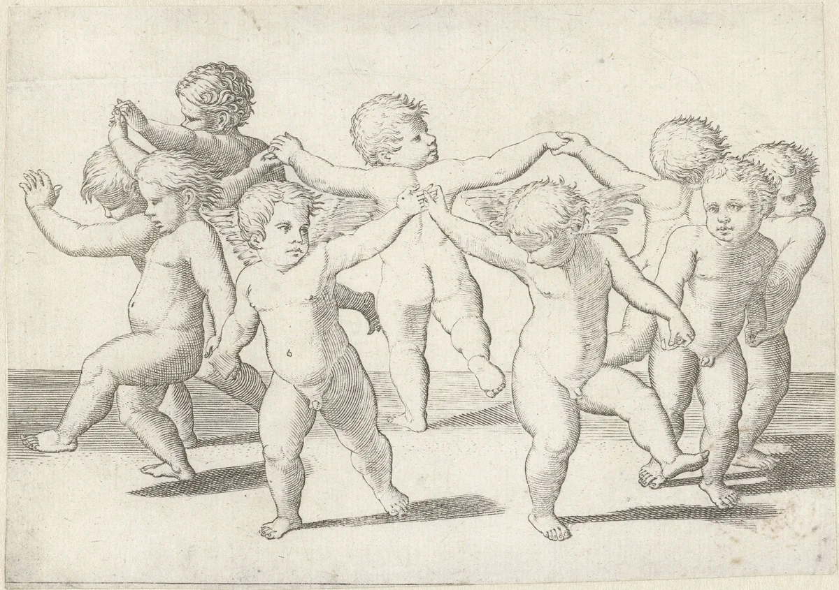 Dansende putti by anonymous, print, 1517-1575