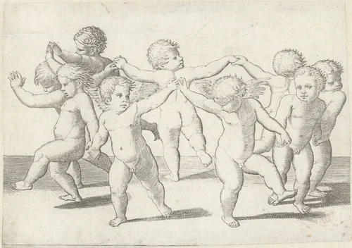 Dansende putti by anonymous, print, 1517-1575