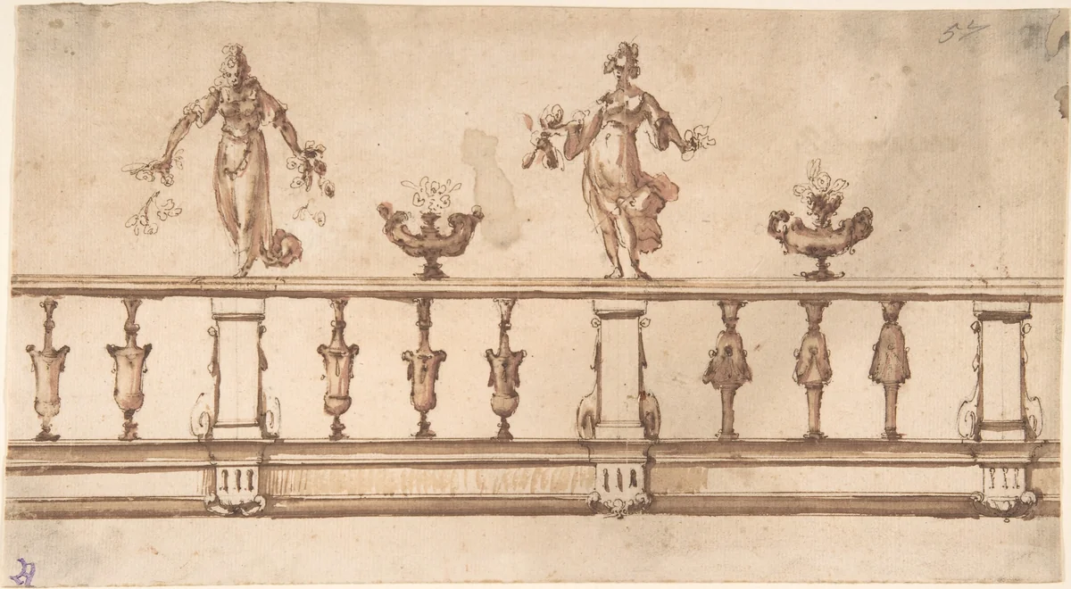 Design for a Balustrade with Female Figures and Urns by Giulio Parigi, drawing, 1500-1699
