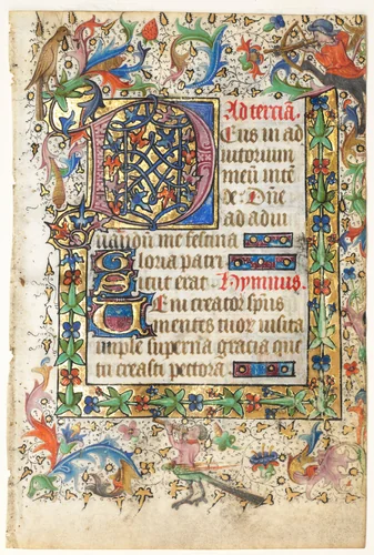 Leaf from a Book of Hours: Decorated Initial D[eus] with Foliated Border (Opening of Terce: Hours of the Holy Spirit) by Master of Guillebert de Mets, manuscript, 1430-1439