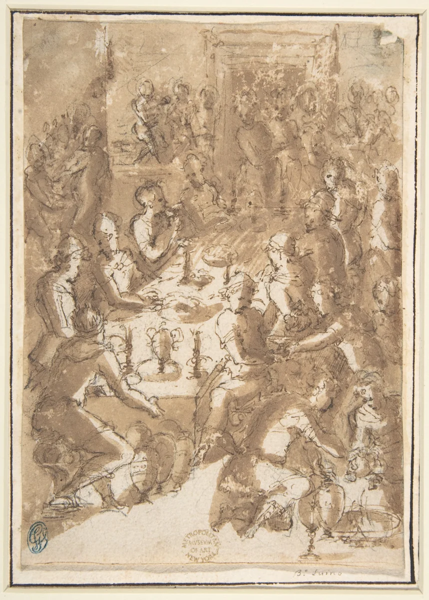 The Feast of Belshazzar (Daniel 5:1-4) by Giovanni Balducci, drawing, 1560-1631