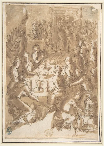 The Feast of Belshazzar (Daniel 5:1-4) by Giovanni Balducci, drawing, 1560-1631