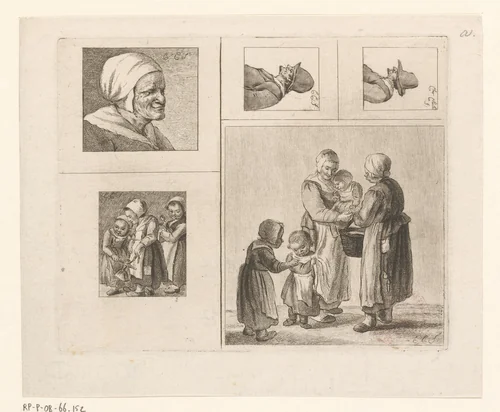 Vijf voorstellingen by Pieter de Mare, print, 1779