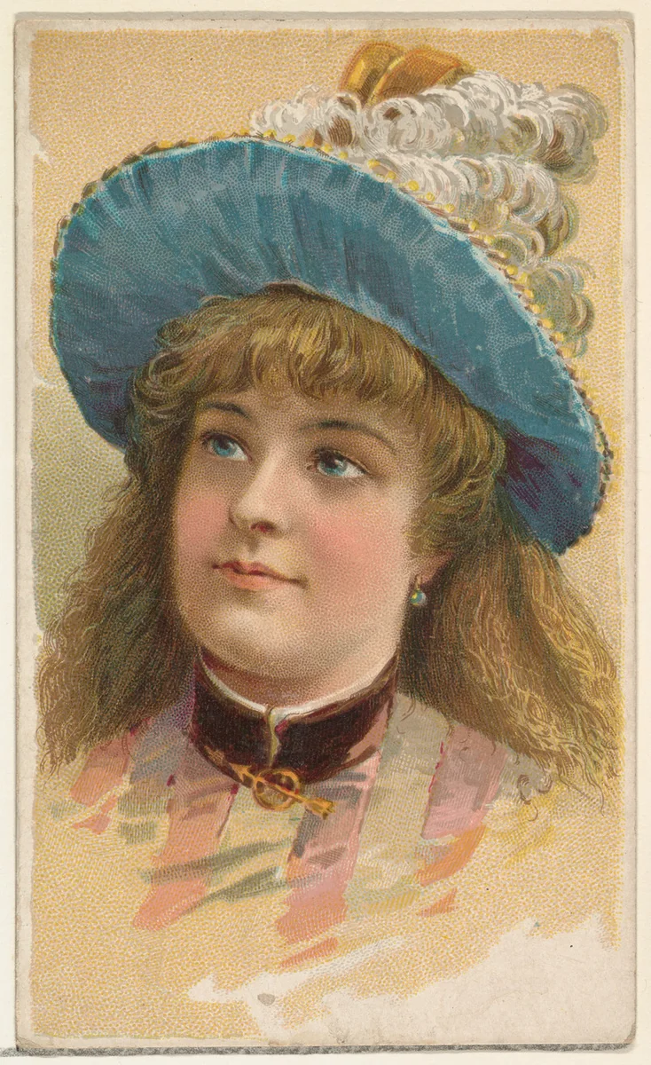 Actress wearing wide-brimmed blue hat with white feathers, from Stars of the Stage, First Series (N129) issued by W. Duke, Sons & Co. to promote Honest Long Cut Tobacco by W. Duke, Sons & Co., print, 1890