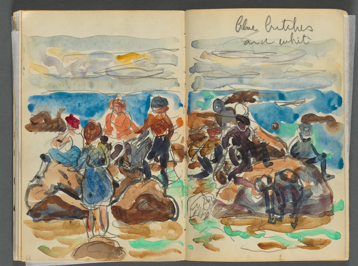Sketchbook- The Granite Shore Hotel, Rockport, page 034 & 35: Children on a Beach by Maurice Prendergast, book, 1905-1910