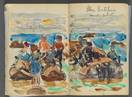 Sketchbook- The Granite Shore Hotel, Rockport, page 034 & 35: Children on a Beach by Maurice Prendergast, book, 1905-1910