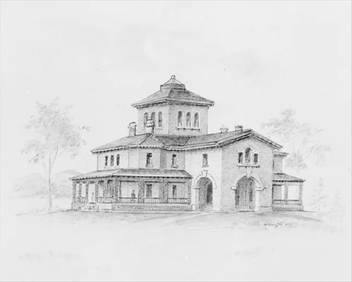 Samuel F. B. Morse House, Poughkeepsie, New York (perspective and plan) by Alexander Jackson Davis, drawing, 1851
