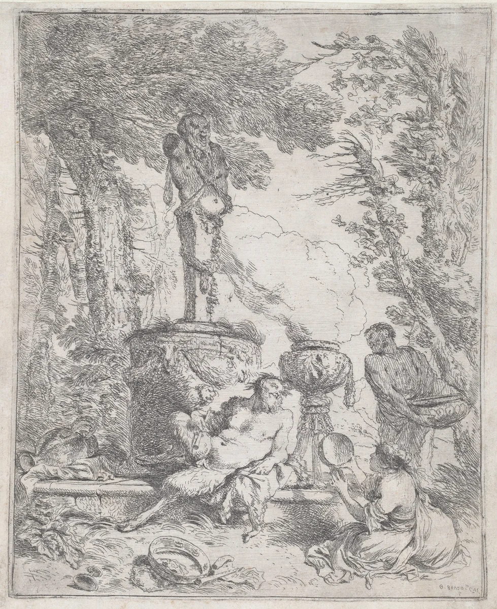 Pan Reclining before a Herm by Giovanni Benedetto Castiglione, print, 1640-1645