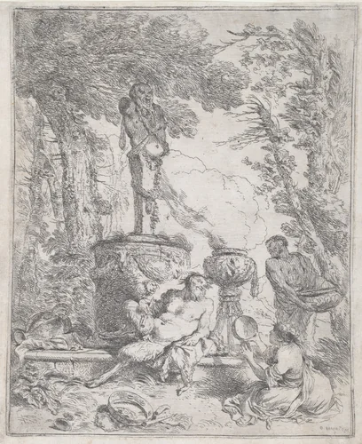 Pan Reclining before a Herm by Giovanni Benedetto Castiglione, print, 1640-1645