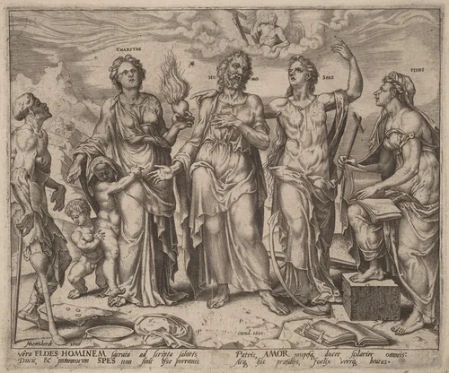 Man Assisted by Faith, Hope and Charity by Maerten van Heemskerck, print, 1562