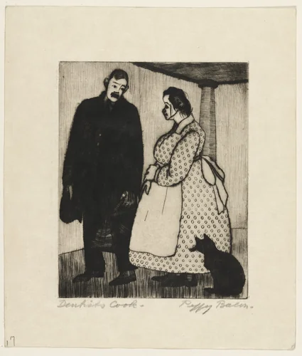 Earnestly Exhorting the Cook to Protect Isabella by Peggy Bacon, print, 1919