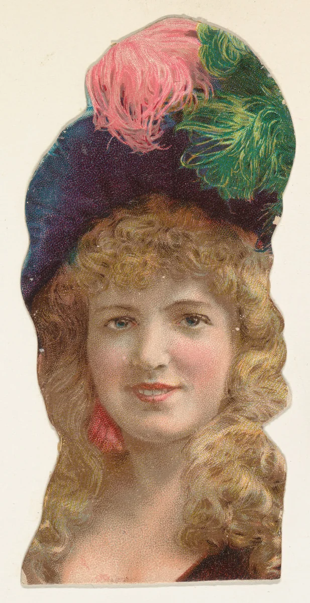 Actress wearing hat with pink and green feathers, from Stars of the Stage, Fourth Series (N132) issued by Duke Sons & Co. to promote Honest Long Cut Tobacco by W. Duke, Sons & Co., print, 1892-1893