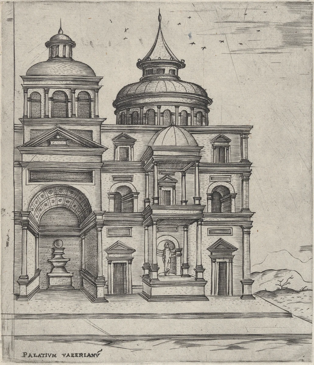 Palatium Valerianu[m], from a Series of 24 Depicting (Reconstructed) Buildings from Roman Antiquity by anonymous, print, 1530-1550