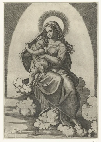 Maria met kind zittend op wolken in stralenkrans by Unknown, print, 1515-1516