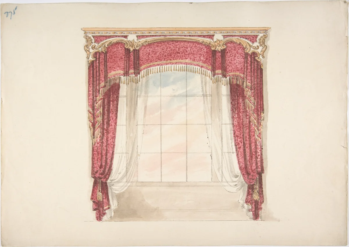 Design for Red Curtains with Gold Fringes and Gold and White Pediment by anonymous, drawing, 1800-1850