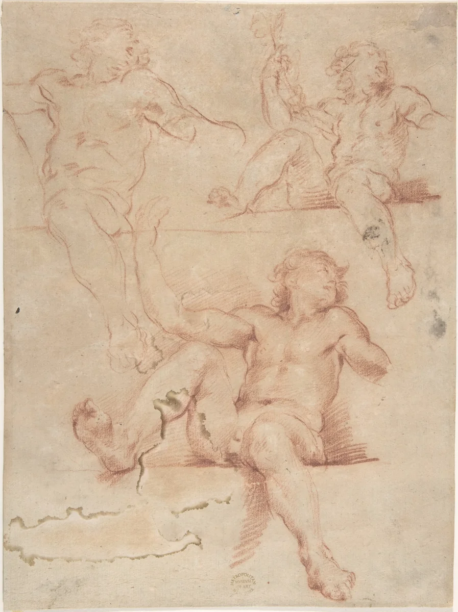 Three Studies of Seated Nude Male with Raised Arm, Seen from Below by anonymous, drawing, 1600-1700