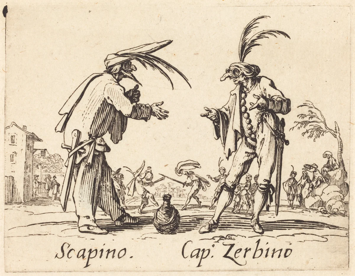 Scapino and Cap. Zerbino by Jacques Callot, print, 1622